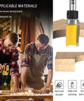 Two carpenters using tools with Top Shelf Pattern Flush Trim Router Bits Set Featuring Dead Nut Tight Carbide Cutters.