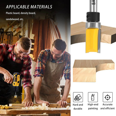 Two carpenters using tools with Top Shelf Pattern Flush Trim Router Bits Set Featuring Dead Nut Tight Carbide Cutters.