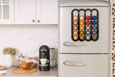 Magnetic Coffee Pod Holder for Nespresso Vertuo Capsules Mounts on Fridge Door or Side Sleek Space Saver Organizer Keeps Pods Handy Neat and Clutter Free