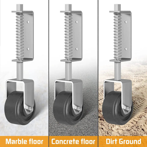 4 Inch Gate Wheel Caster For Wooden Gates, Heavy Duty Gate Caster With 450 Lb Capacity, shown on marble, concrete, dirt surfaces