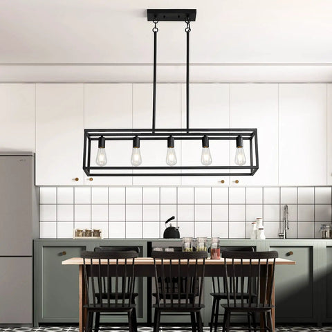 Farmhouse Kitchen Island Light With Black Matte Finish, Modern Industrial Five Light Linear Pendant Fixture for kitchen