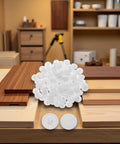 100 Piece White Screw Cap Covers Kit For Phillips And Self-Tapping Screws in a workshop setting on wooden boards