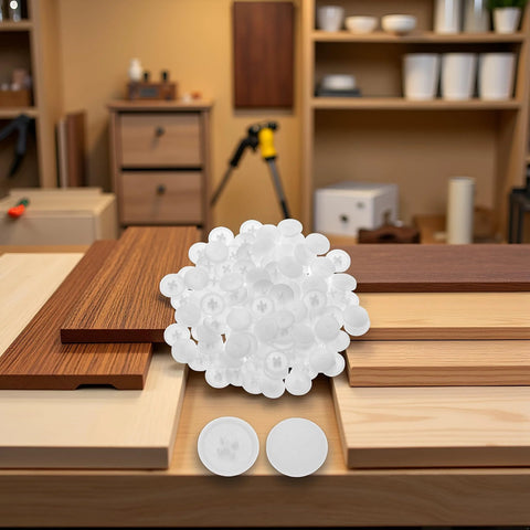 100 Piece White Screw Cap Covers Kit For Phillips And Self-Tapping Screws in a workshop setting on wooden boards