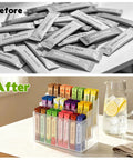 Before and after of Three Tier Drink Packet Organizer Rack With Twelve Compartments on a kitchen counter