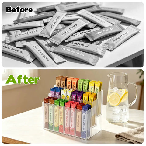 Before and after of Three Tier Drink Packet Organizer Rack With Twelve Compartments on a kitchen counter