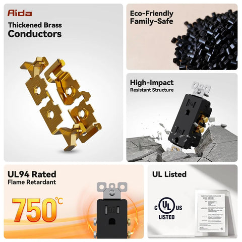 Slick Glossy Black Decorator Wall Outlet 10 Pack Features Tamper Resist Shutters Self Grounding 15 Amp Residential Grade Screwless Wall Plate Included UL Listed Hassle Free Wired Setup with thickened brass conductors.