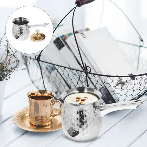 Stovetop Turkish Coffee Pot Cezve Ibrik Hammered Stainless Steel 400ml Coffee Maker Milk Warmer with Spout on kitchen table.