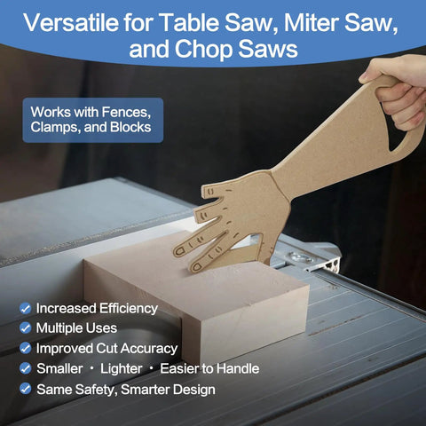 Badass Safety Mdf Table Saw Push Stick And Miter Block Grabber With Quick Release Finger Hook in use with MDF at a table saw.