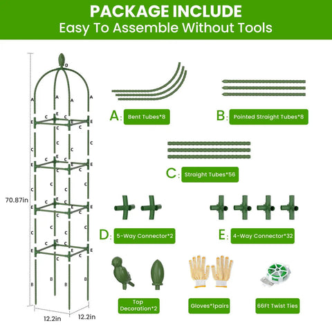Diagram showing the package contents and assembly of 2 Pack Garden Obelisk Trellis For Climbing Plants 71 Inch Adjustable Height.
