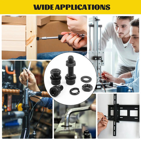 M6 Screws With Nuts And Washers Kit For DIY Projects, Hex Socket Head Bolts, 12.9 Alloy Steel, Black Zinc Plated Hardware
