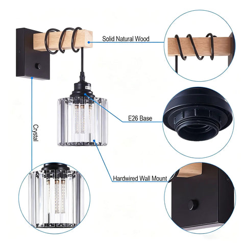 BANGANMA 2-Pack Black Farmhouse Hardwired Wall Sconces Crystal for Bathroom, featuring solid wood, crystal shade, E26 base, and wall mount.