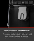 Close-up of chrome professional steam wand on Straight Up One Touch Super Automatic Espresso Machine With Six Preprogrammed Drinks And Four Custom Profiles.