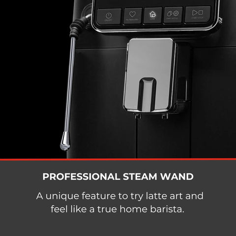 Close-up of chrome professional steam wand on Straight Up One Touch Super Automatic Espresso Machine With Six Preprogrammed Drinks And Four Custom Profiles.