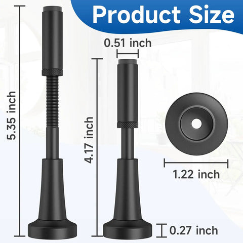 Built Like A Tank Adjustable Spring Door Stopper With Non Slip Silicone Pad Heavy Duty Wall Blocker Rust Resistant Matte Black Finish dimensions image showing sizes.