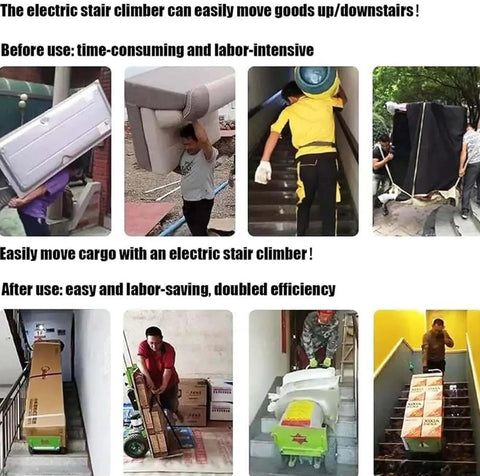 Before and after using Heavy Duty Electric Stair Climber Hand Truck For Moving Heavy Gear Safely Over Curved Or Straight Steps With Telescopic Handle And 1200w Power Boosting.