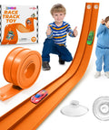 Flexible 15ft Race Track Starter Set With Suction Cups Roll Up Portable Track For Diecast 1 64th Cars with kids playing and accessories.