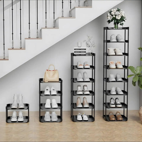 Slim 6 Tier Vertical Narrow Shoe Rack Stackable Tall Skinny Organizer For Tight Spaces, Corner Friendly Storage Tower, Black