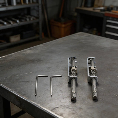 Super Cool Spring Loaded Screwdriver Bit Extension With Non Magnetic Grip For Slotted And Phillips Torx Bits In Silver. This One-Handed Pro Repair Tool Is A Total Game Changer For Fastening Jobs And Keeps Fasteners Secure While You Work Hard On Any Tough. silver metal bit extensions with hex keys on workbench