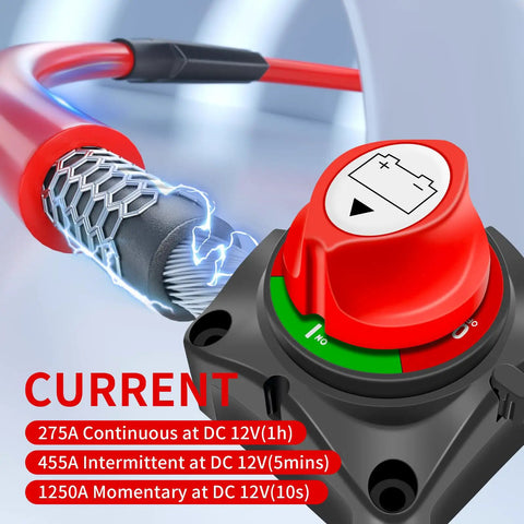 Built Tough Battery Disconnect Switch 12V To 48V DC 275A Waterproof Master Isolator shown with specifications and power cables
