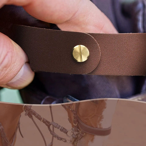 Close-up of six piece breakaway halter replacement straps for horses leather brown tough breakaway halter straps set easy fit.