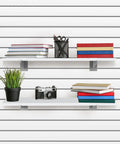 Six Pack White Slatwall Shelves With Hella Heavy Duty Metal Brackets 15.7 Inch Long By 6 Inch Deep Slatwall Organizer Set displayed with books and decor