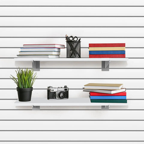 Six Pack White Slatwall Shelves With Hella Heavy Duty Metal Brackets 15.7 Inch Long By 6 Inch Deep Slatwall Organizer Set displayed with books and decor