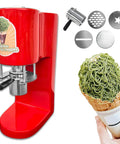 Electric Ice Cream Press Machine With Four Interchangeable Stainless Steel Molds For Shops Easy Clean ABS Plastic 420ML Hopper, red design.
