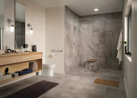 Modern bathroom with sleek fixtures, large walk-in shower, and vanity, showcasing Genta LX Modern Towel Bar 6.8 Inch Chrome For Kitchen Or Bath.