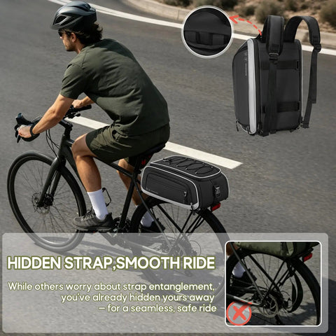 Cyclist using Expandable Waterproof Bike Trunk Bag 15L To 23L For Rear Rack 4 In 1 Pannier Saddle Bag with rain cover on a black bike