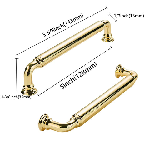 Built Like A Tank 10 Pack Polished Brass Cabinet Pulls 5 Inch Centers Heavy Duty Zinc Alloy Drawer Handles Made Tough. Close-up view.