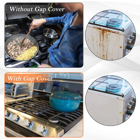 Comparison of stove with and without Extra Wide 25.6 Inch Stainless Steel Stove Gap Covers With Buckle Installation.