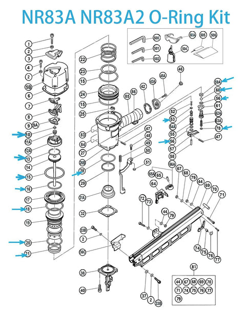 Diagram of Framing Nailer O Ring Repair Kit For NR83A NR83A2 NR83A2S And 9021NS Pneumatic Nailer Full Seal Replacement Set