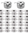 Two chrome front-loading bobbin cases with twenty metal sewing machine bobbins, front view.
