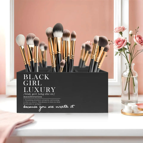Black Girl Luxury Inspirational Pen And Pencil Holder For Desk, Three Compartment Organizer With Positive Affirmations