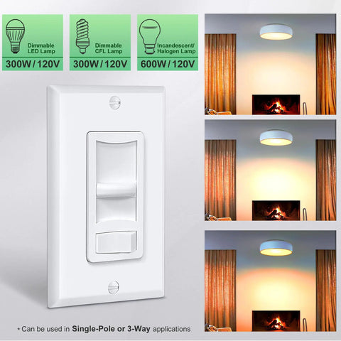 6 Pack Ultra Slim Dimmer Light Switch For LED CFL And Incandescent Lights Easy Install 15A 120V 60Hz Single Pole Or 3 Way 300W LED CFL 600W Incandescent ETL Listed White Slide Dimmer with lighting examples.