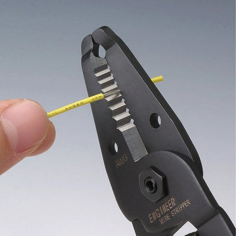 Premium Wire Stripper For Thin Wires AWG 30 To 18 Made In Japan showing precision stripping on yellow wire