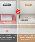 Comparison of Heavy Duty Pull Out Cabinet Organizer Shelf Expanding From 16 To 21 Wide Fits 13 To 17 Depth for efficient space use.