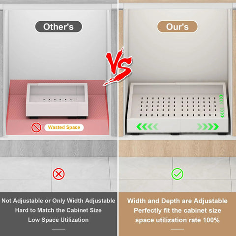 Kickass Pull Out Cabinet Organizer With No Sweat Adhesive Mount For Kitchens Expandable From Fourteen To Twenty One Inches Wide And Seventeen To Twenty Four Inches Deep Easy DIY Placement total space saver comparison of wasted space vs adjustable design