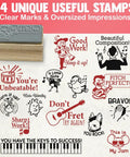 Slick Music Teacher Grading Stamps With Bold Red And Black Ink Pads And Convenient Refill Pack, showing unique designs and wooden handles.