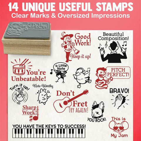 Slick Music Teacher Grading Stamps With Bold Red And Black Ink Pads And Convenient Refill Pack, showing unique designs and wooden handles.