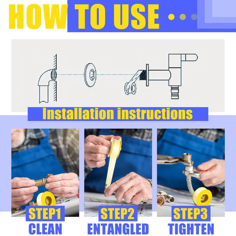 Step-by-step installation of Extra Wide Three Quarter Inch Gas Tape, 390 Inch Long, Four Mil PTFE Thread Sealant For Gas Lines.