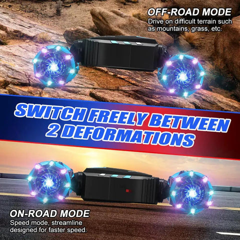 Gesture Hand Controlled RC Stunt Car With Spray Lights And Music 4WD Off Road showing two modes with glowing wheels