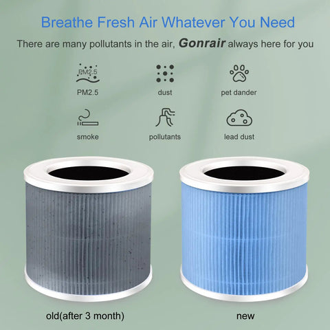 Two Pack H13 HEPA Air Purifier Filter Replacement For GL-K802 Series old and new filter comparison, showing pollutants removal