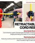 Close-up of retractable extension cord reel 65 foot 12 gauge 3C SJT with adjustable stopper in workshop setting.