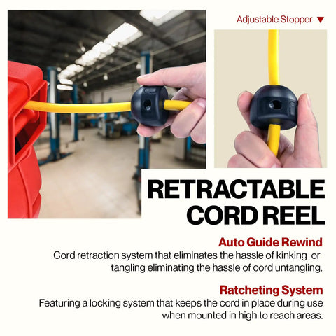 Close-up of retractable extension cord reel 65 foot 12 gauge 3C SJT with adjustable stopper in workshop setting.