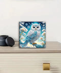 Beginner Friendly 5D Partial Diamond Painting Kit Owl Design With Special Shaped Crystals on a wooden table