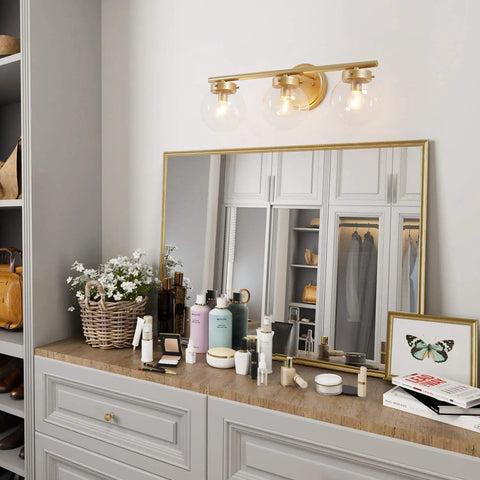 Hand Painted Vanity Light Fixtures With Clear Globe Glass Shades in bathroom setup over mirror, 19.5in L x 6in W x 7.5in H