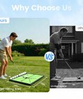 Comparison of Game Changer Golf Hitting Mat With Curved Ball Tray 3 In 1 Practice Mat versus traditional mat with golfer practicing