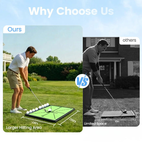 Comparison of Game Changer Golf Hitting Mat With Curved Ball Tray 3 In 1 Practice Mat versus traditional mat with golfer practicing