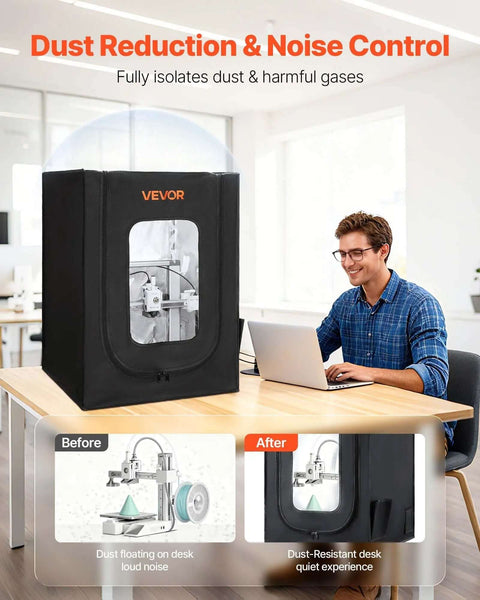 Dustproof Waterproof 3D Printer Enclosure with Oxford Cloth Tent and LED, showcasing dust reduction and noise control benefits.